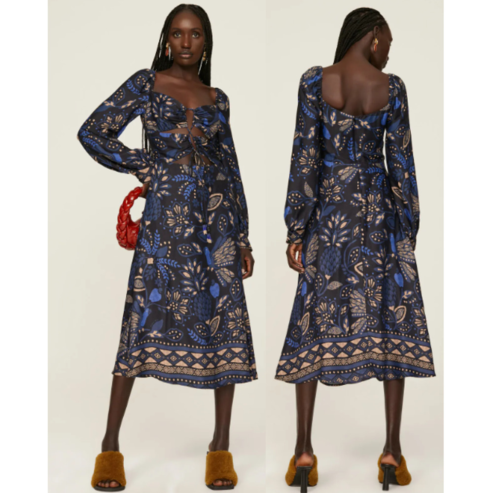 NWT Farm Rio Macaw Forest Crisscross Tie A-Line Midi Dress Cobalt Blue Large